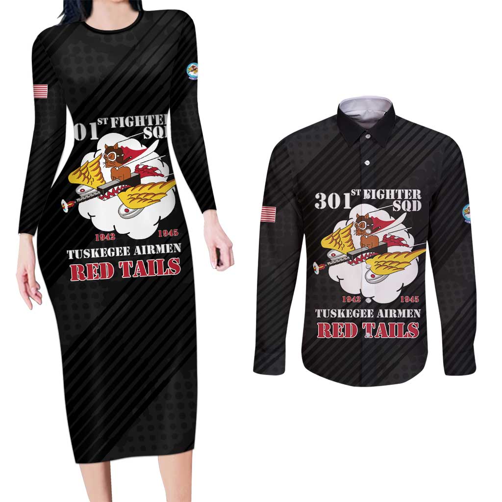 Personalized Tuskegee Airmen Red Tails Couples Matching Long Sleeve Bodycon Dress and Long Sleeve Button Shirt 301st Fighter Squadron - Black - Wonder Print Shop