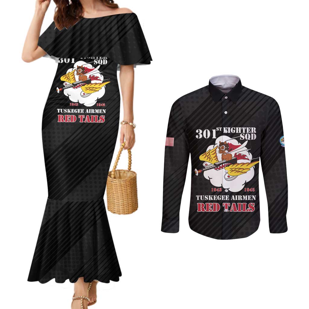 Personalized Tuskegee Airmen Red Tails Couples Matching Mermaid Dress and Long Sleeve Button Shirt 301st Fighter Squadron - Black - Wonder Print Shop