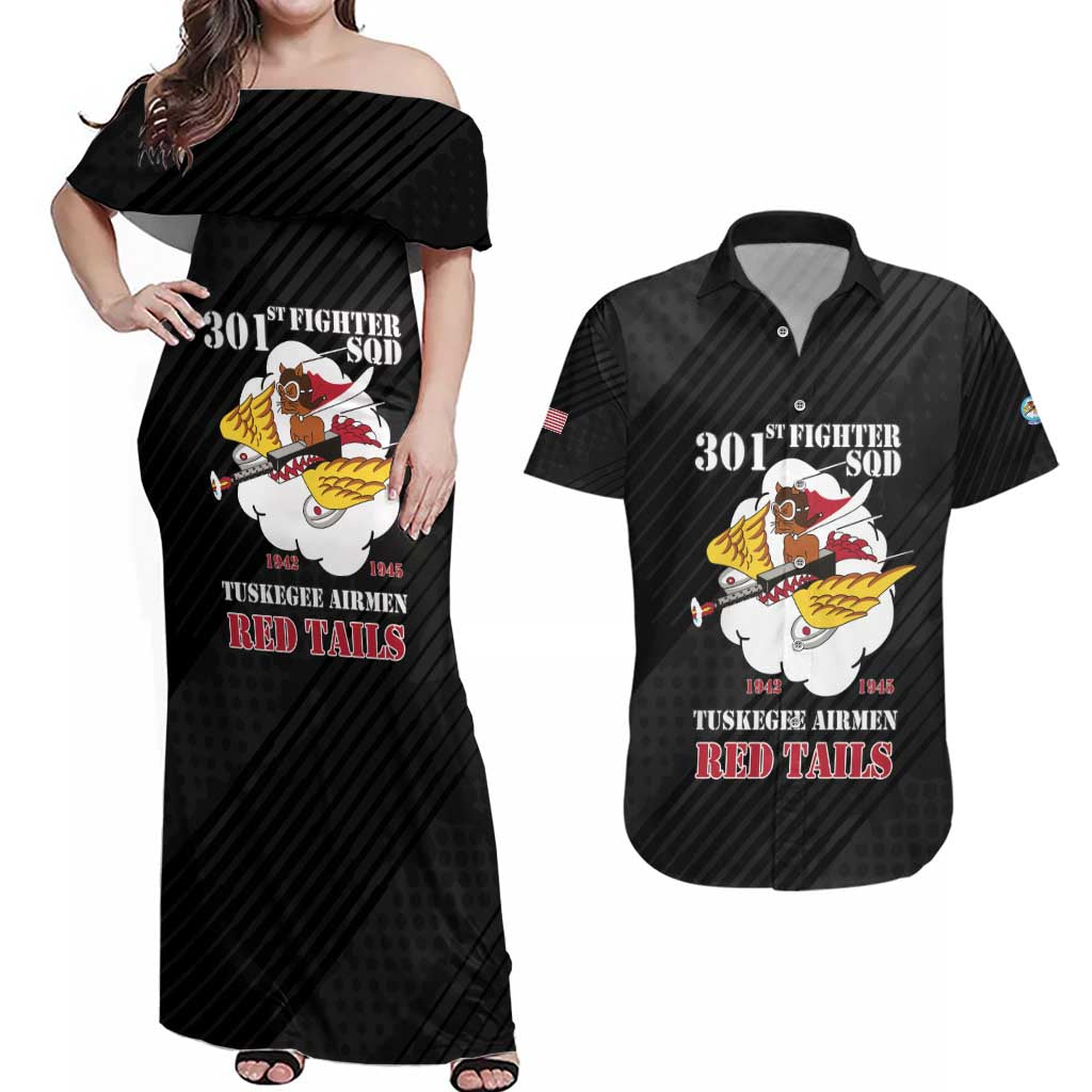 Personalized Tuskegee Airmen Red Tails Couples Matching Off Shoulder Maxi Dress and Hawaiian Shirt 301st Fighter Squadron - Black - Wonder Print Shop