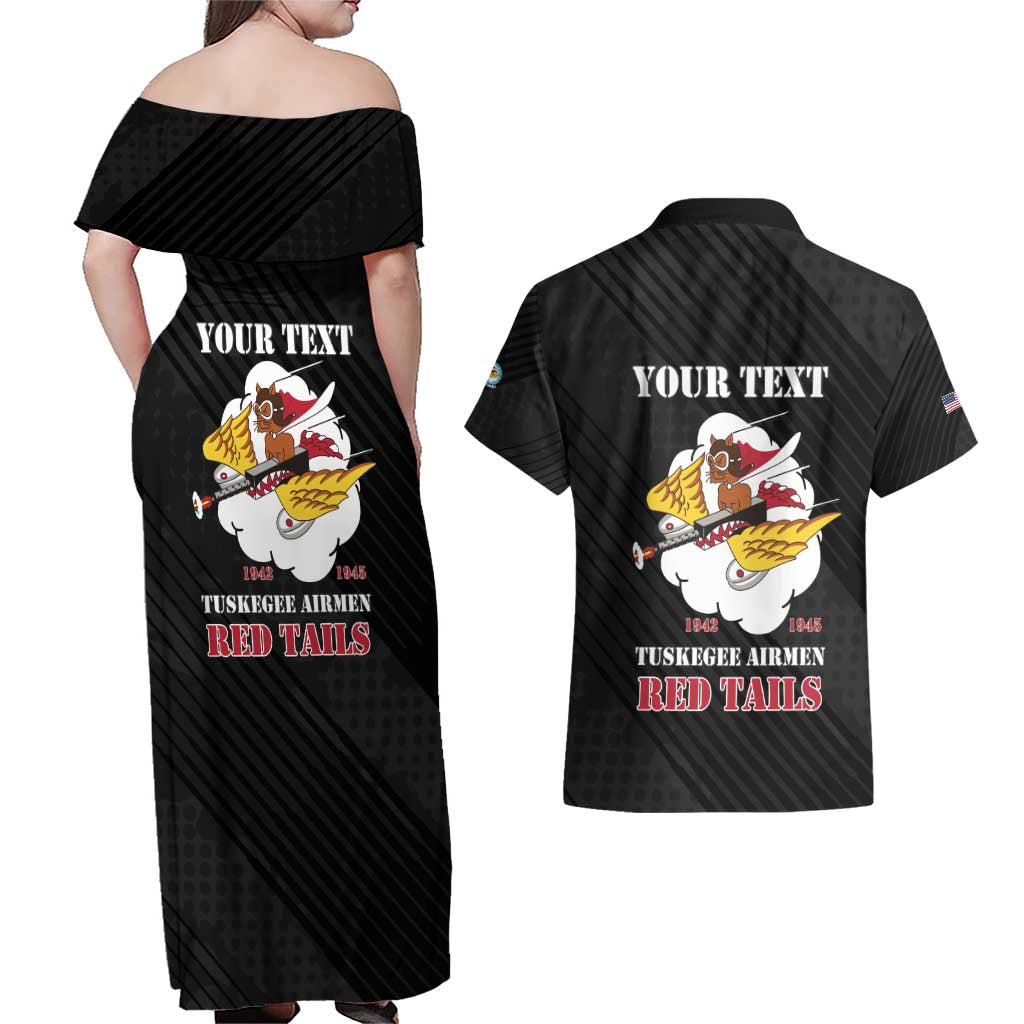 Personalized Tuskegee Airmen Red Tails Couples Matching Off Shoulder Maxi Dress and Hawaiian Shirt 301st Fighter Squadron - Black - Wonder Print Shop