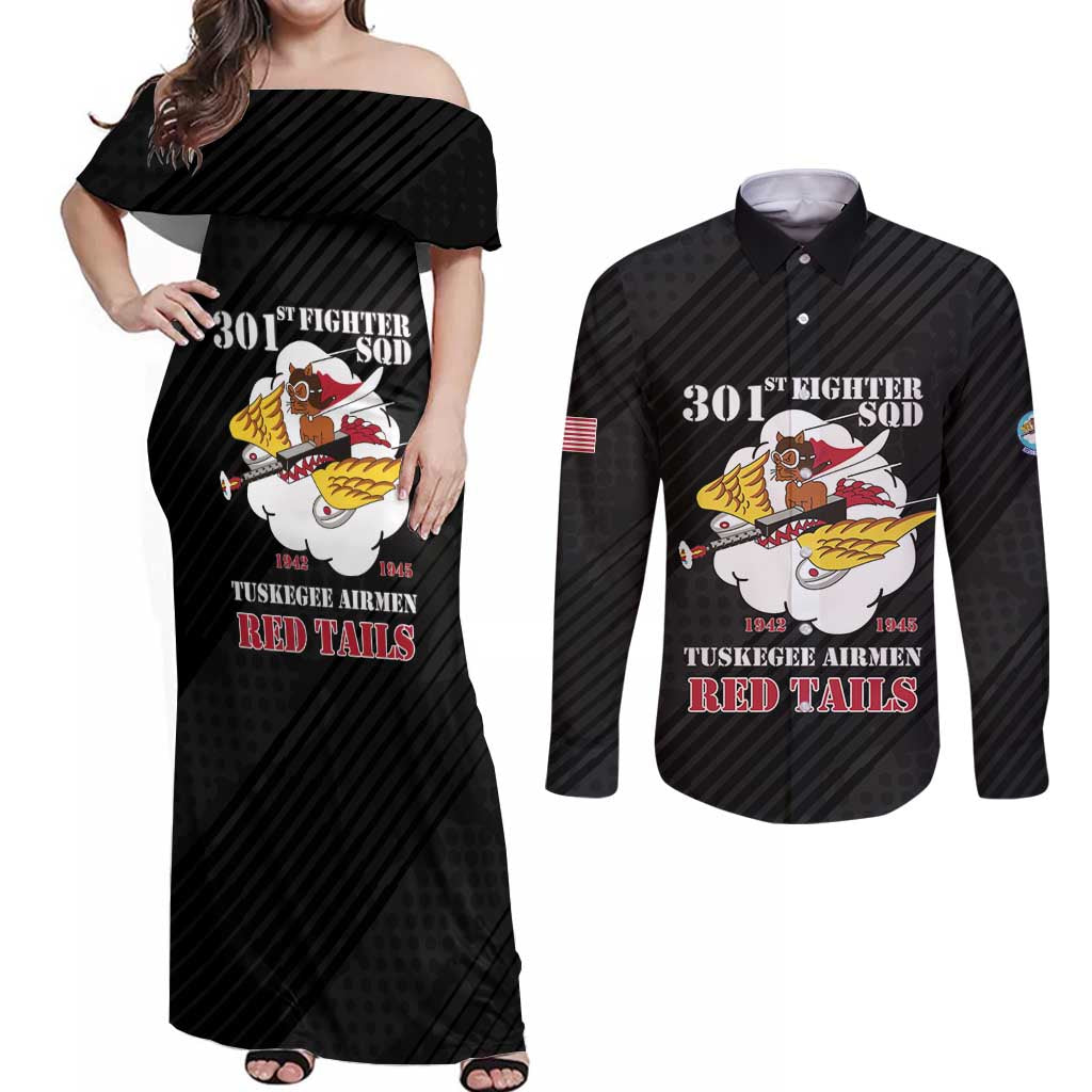 Personalized Tuskegee Airmen Red Tails Couples Matching Off Shoulder Maxi Dress and Long Sleeve Button Shirt 301st Fighter Squadron - Black - Wonder Print Shop