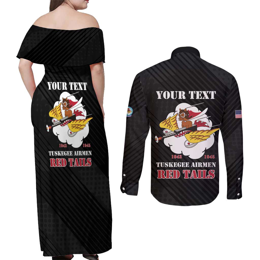 Personalized Tuskegee Airmen Red Tails Couples Matching Off Shoulder Maxi Dress and Long Sleeve Button Shirt 301st Fighter Squadron - Black - Wonder Print Shop