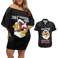 Personalized Tuskegee Airmen Red Tails Couples Matching Off Shoulder Short Dress and Hawaiian Shirt 301st Fighter Squadron - Black - Wonder Print Shop