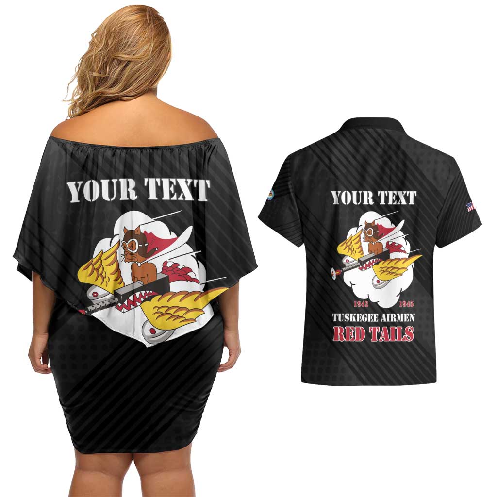 Personalized Tuskegee Airmen Red Tails Couples Matching Off Shoulder Short Dress and Hawaiian Shirt 301st Fighter Squadron - Black - Wonder Print Shop