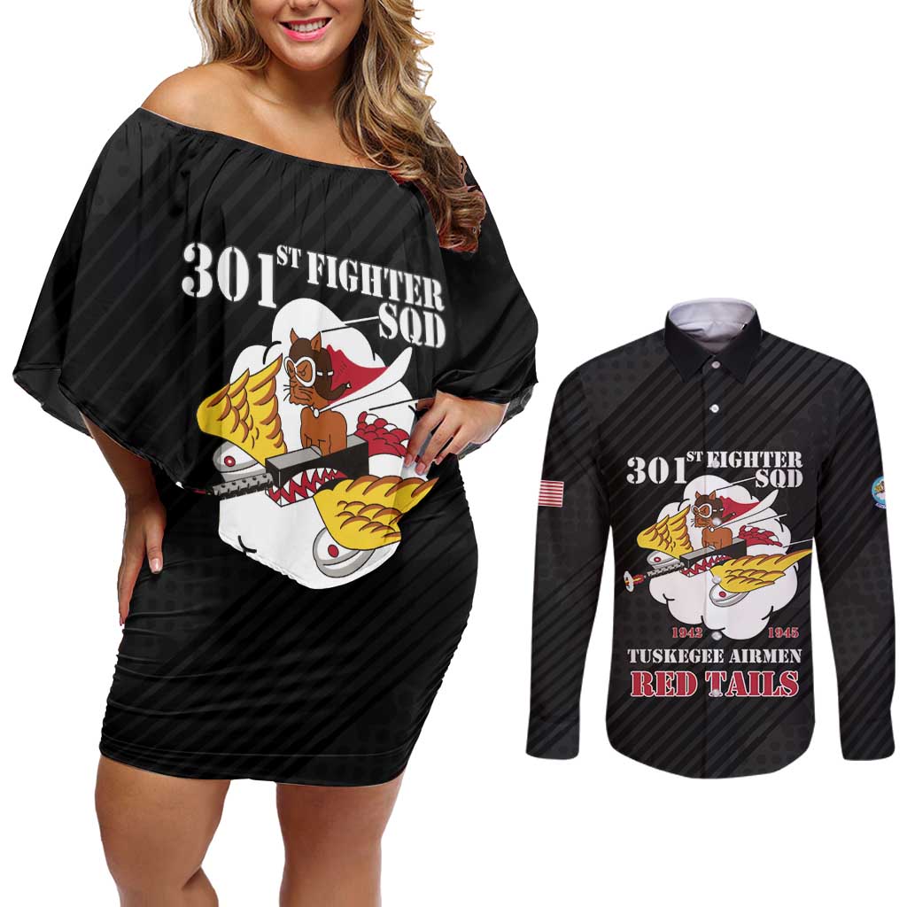 Personalized Tuskegee Airmen Red Tails Couples Matching Off Shoulder Short Dress and Long Sleeve Button Shirt 301st Fighter Squadron - Black - Wonder Print Shop