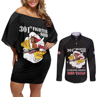 Personalized Tuskegee Airmen Red Tails Couples Matching Off Shoulder Short Dress and Long Sleeve Button Shirt 301st Fighter Squadron - Black - Wonder Print Shop