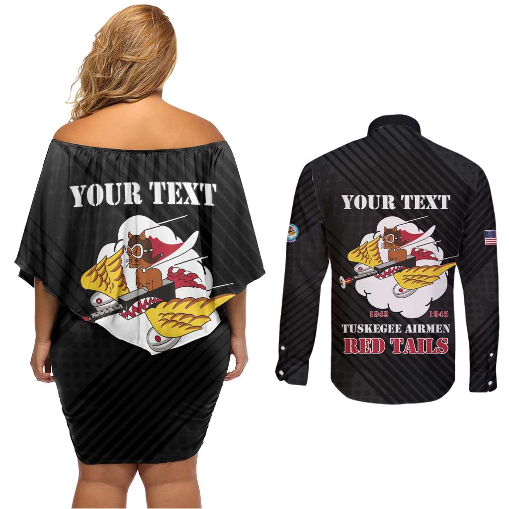 Personalized Tuskegee Airmen Red Tails Couples Matching Off Shoulder Short Dress and Long Sleeve Button Shirt 301st Fighter Squadron - Black - Wonder Print Shop