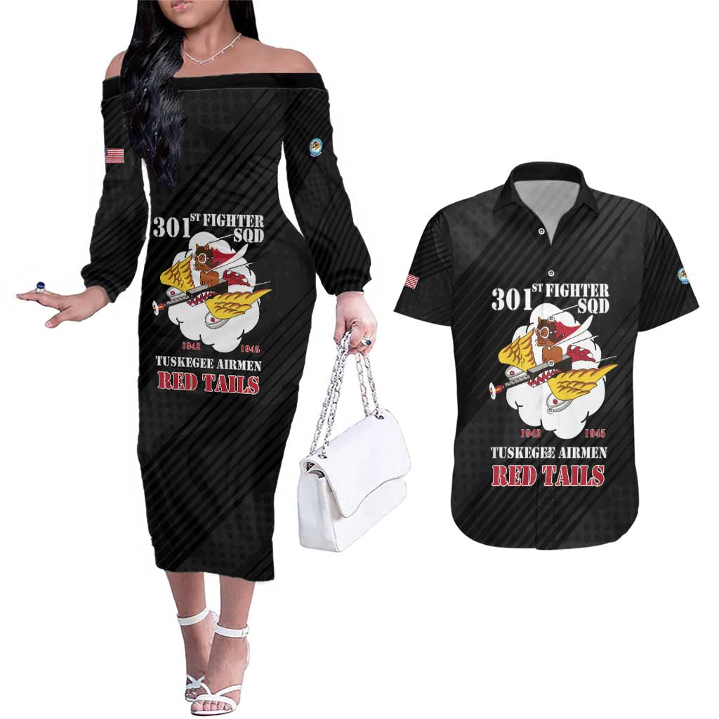 Personalized Tuskegee Airmen Red Tails Couples Matching Off The Shoulder Long Sleeve Dress and Hawaiian Shirt 301st Fighter Squadron - Black - Wonder Print Shop