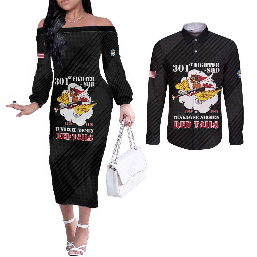 Personalized Tuskegee Airmen Red Tails Couples Matching Off The Shoulder Long Sleeve Dress and Long Sleeve Button Shirt 301st Fighter Squadron - Black - Wonder Print Shop