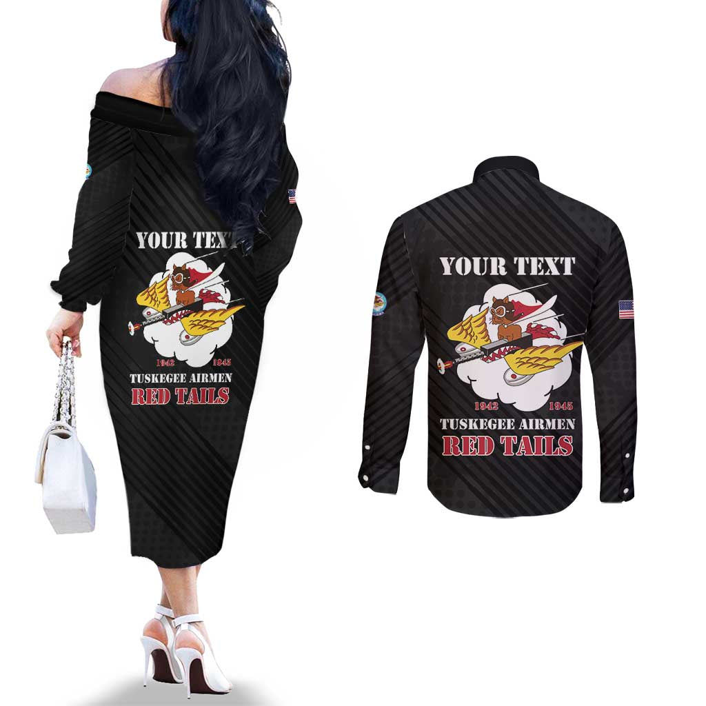 Personalized Tuskegee Airmen Red Tails Couples Matching Off The Shoulder Long Sleeve Dress and Long Sleeve Button Shirt 301st Fighter Squadron - Black - Wonder Print Shop