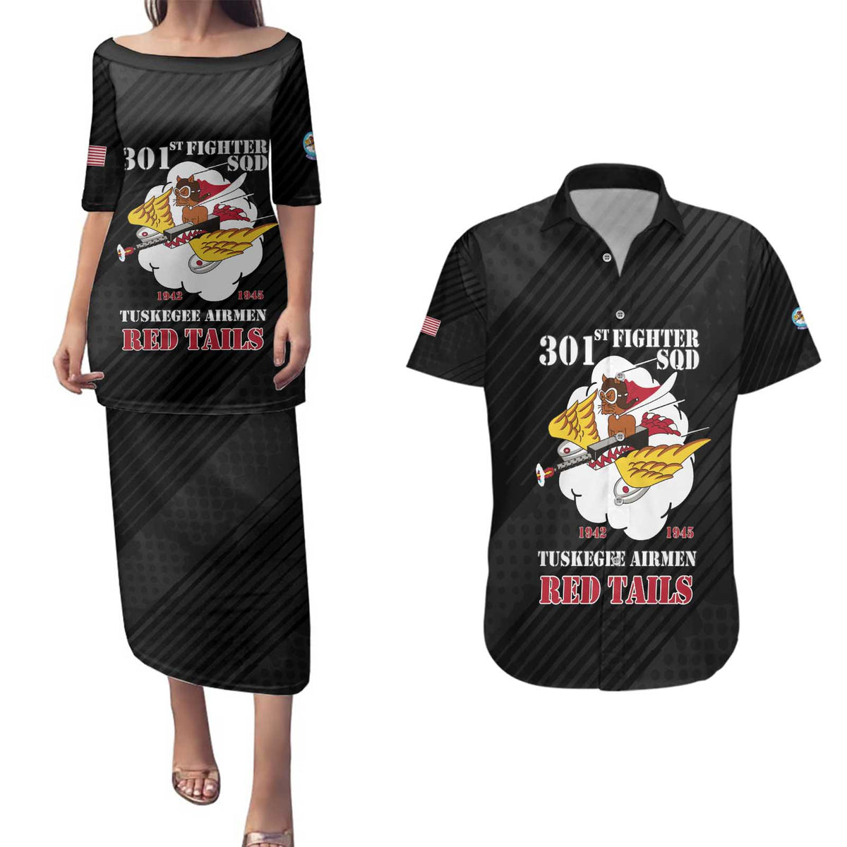Personalized Tuskegee Airmen Red Tails Couples Matching Puletasi and Hawaiian Shirt 301st Fighter Squadron - Black - Wonder Print Shop