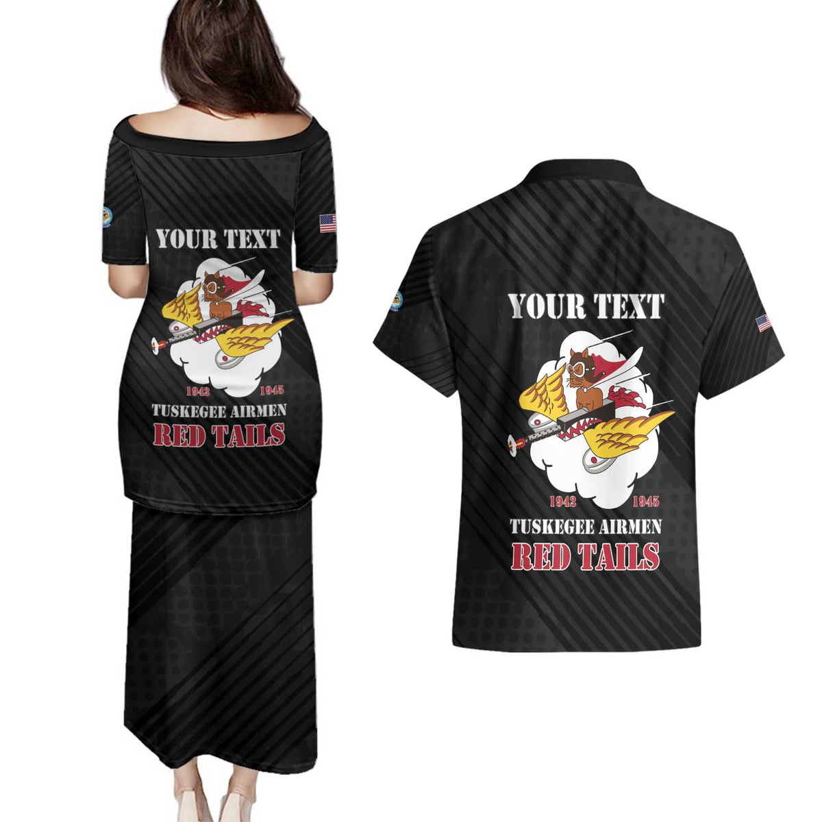 Personalized Tuskegee Airmen Red Tails Couples Matching Puletasi and Hawaiian Shirt 301st Fighter Squadron - Black - Wonder Print Shop