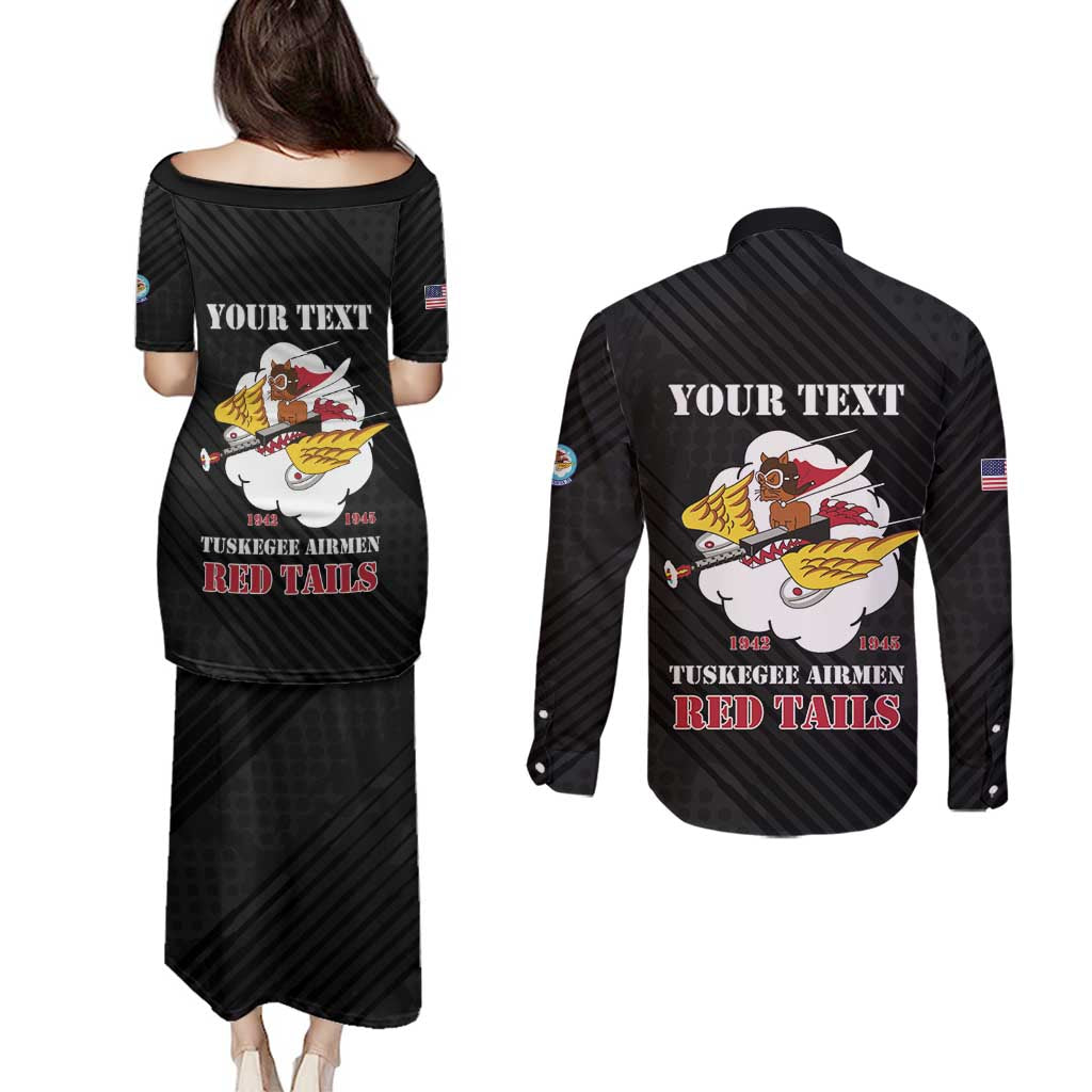 Personalized Tuskegee Airmen Red Tails Couples Matching Puletasi and Long Sleeve Button Shirt 301st Fighter Squadron - Black - Wonder Print Shop