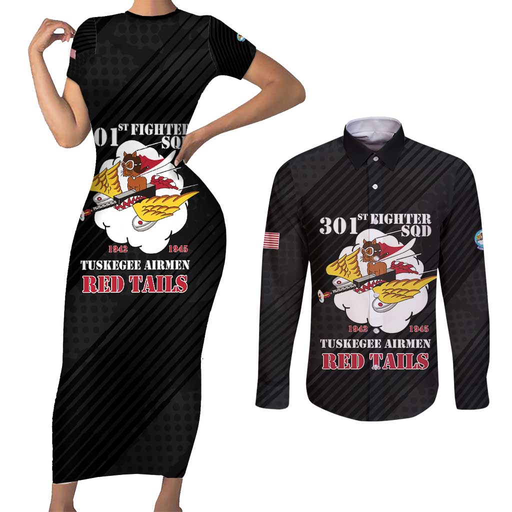 Personalized Tuskegee Airmen Red Tails Couples Matching Short Sleeve Bodycon Dress and Long Sleeve Button Shirt 301st Fighter Squadron - Black - Wonder Print Shop