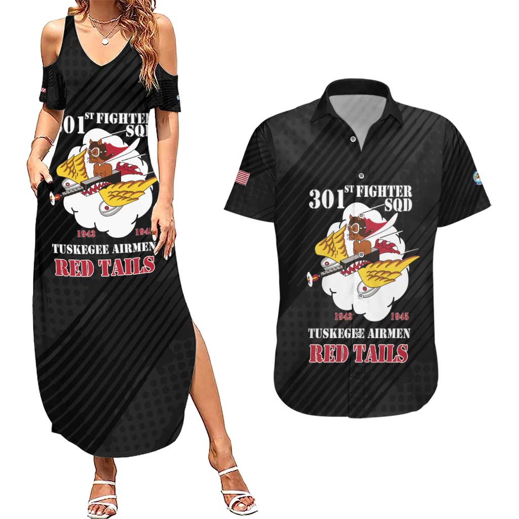 Personalized Tuskegee Airmen Red Tails Couples Matching Summer Maxi Dress and Hawaiian Shirt 301st Fighter Squadron - Black - Wonder Print Shop