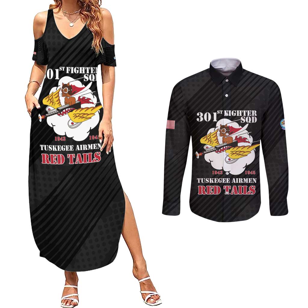 Personalized Tuskegee Airmen Red Tails Couples Matching Summer Maxi Dress and Long Sleeve Button Shirt 301st Fighter Squadron - Black - Wonder Print Shop