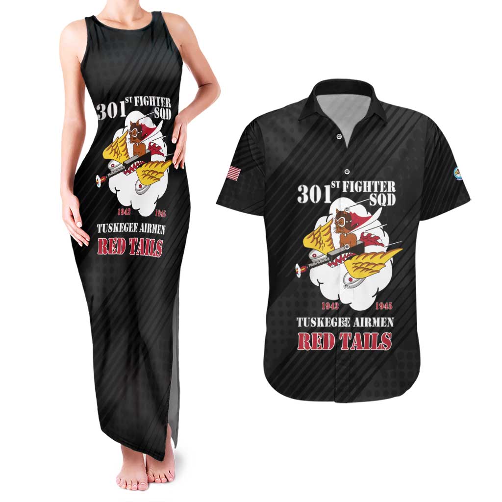 Personalized Tuskegee Airmen Red Tails Couples Matching Tank Maxi Dress and Hawaiian Shirt 301st Fighter Squadron - Black - Wonder Print Shop