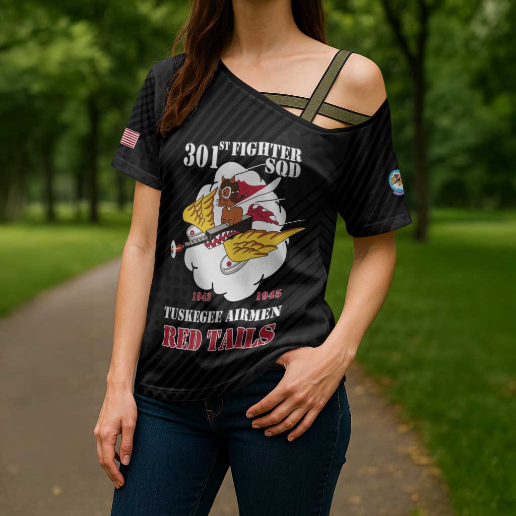 Personalized Tuskegee Airmen Red Tails Cross Shoulder Shirt 301st Fighter Squadron - Black - Wonder Print Shop
