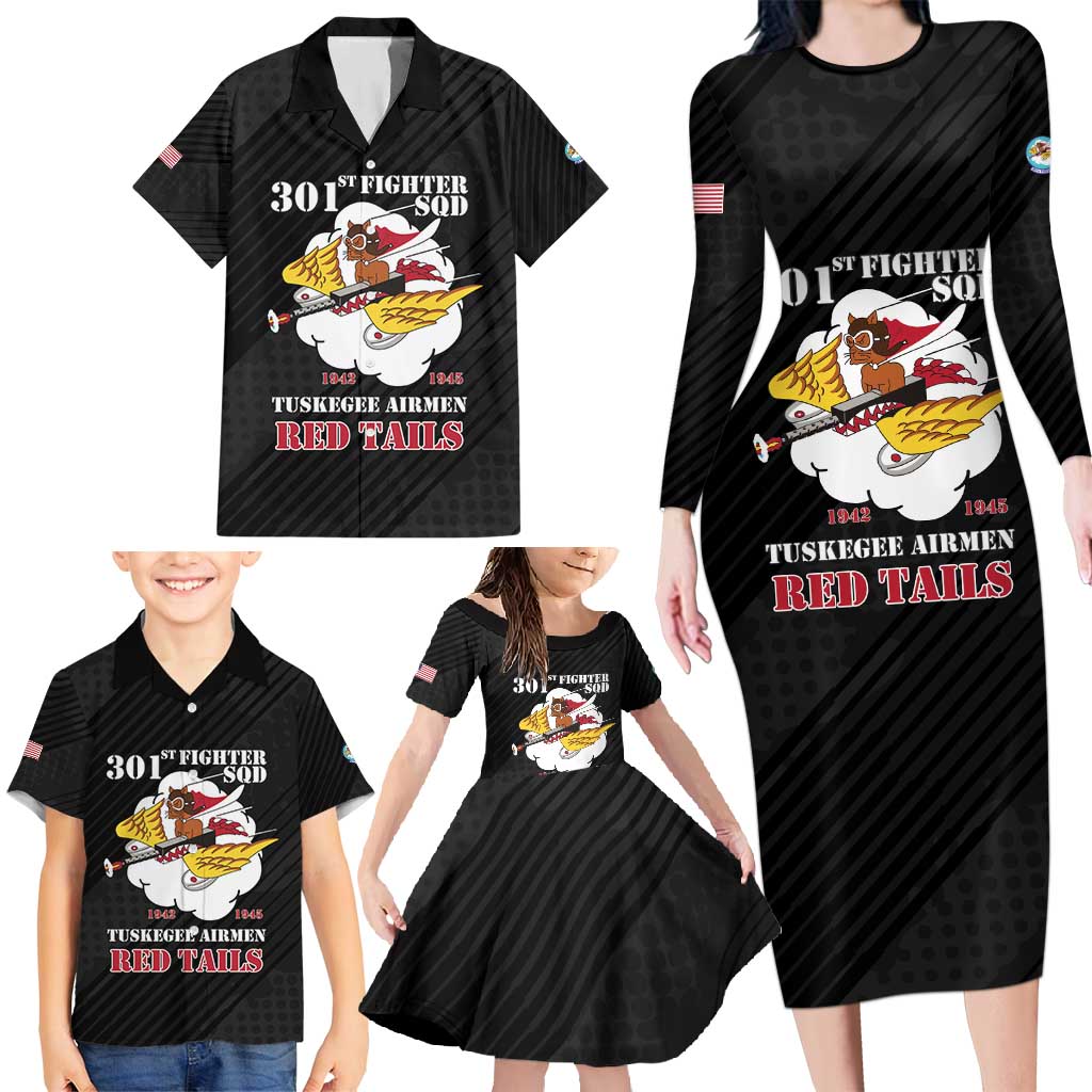 Personalized Tuskegee Airmen Red Tails Family Matching Long Sleeve Bodycon Dress and Hawaiian Shirt 301st Fighter Squadron - Black - Wonder Print Shop