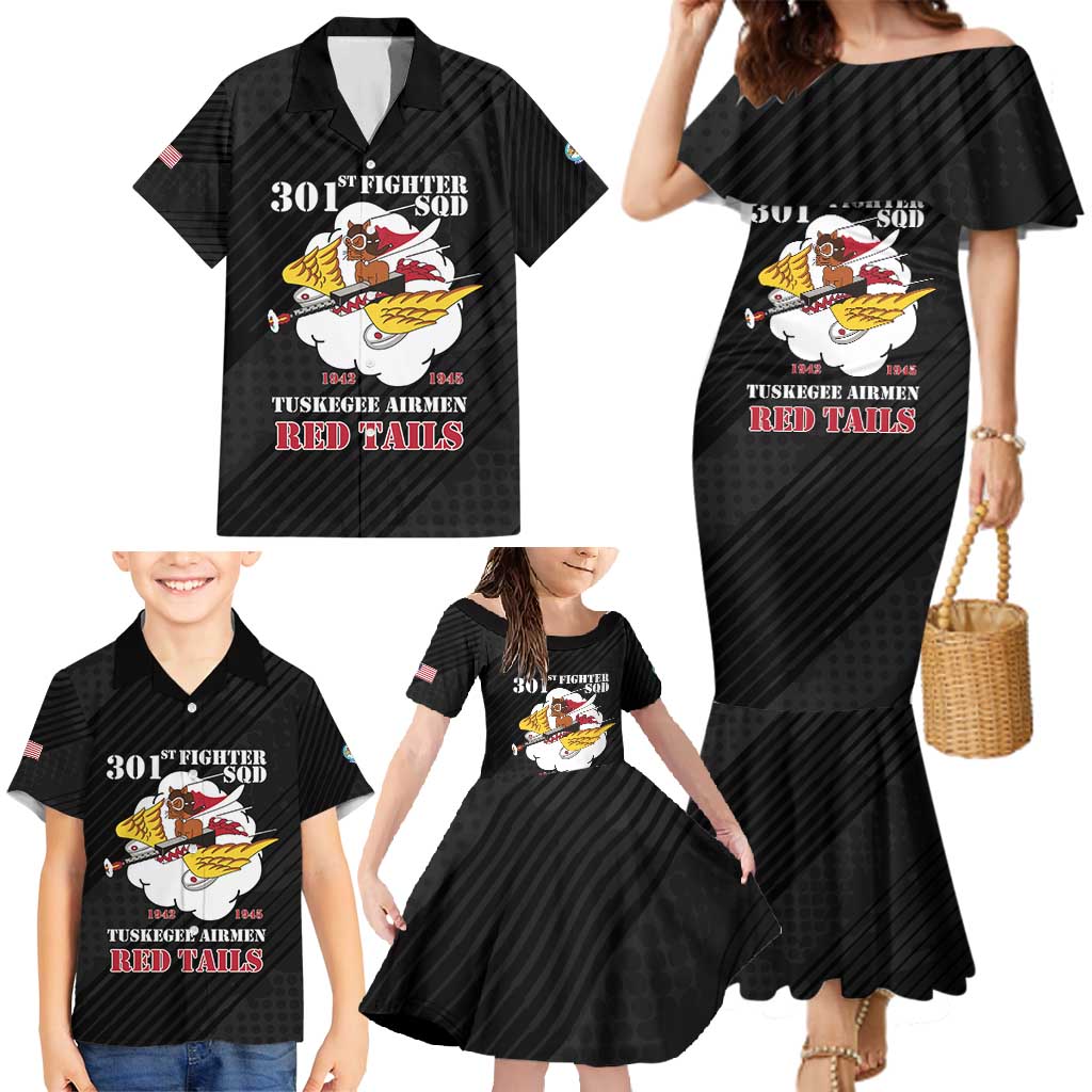 Personalized Tuskegee Airmen Red Tails Family Matching Mermaid Dress and Hawaiian Shirt 301st Fighter Squadron - Black - Wonder Print Shop