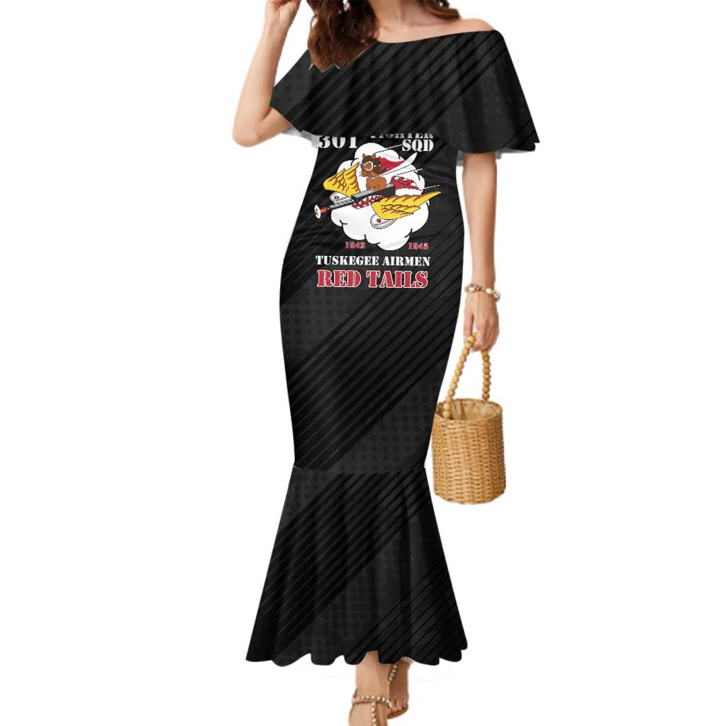 Personalized Tuskegee Airmen Red Tails Family Matching Mermaid Dress and Hawaiian Shirt 301st Fighter Squadron - Black - Wonder Print Shop