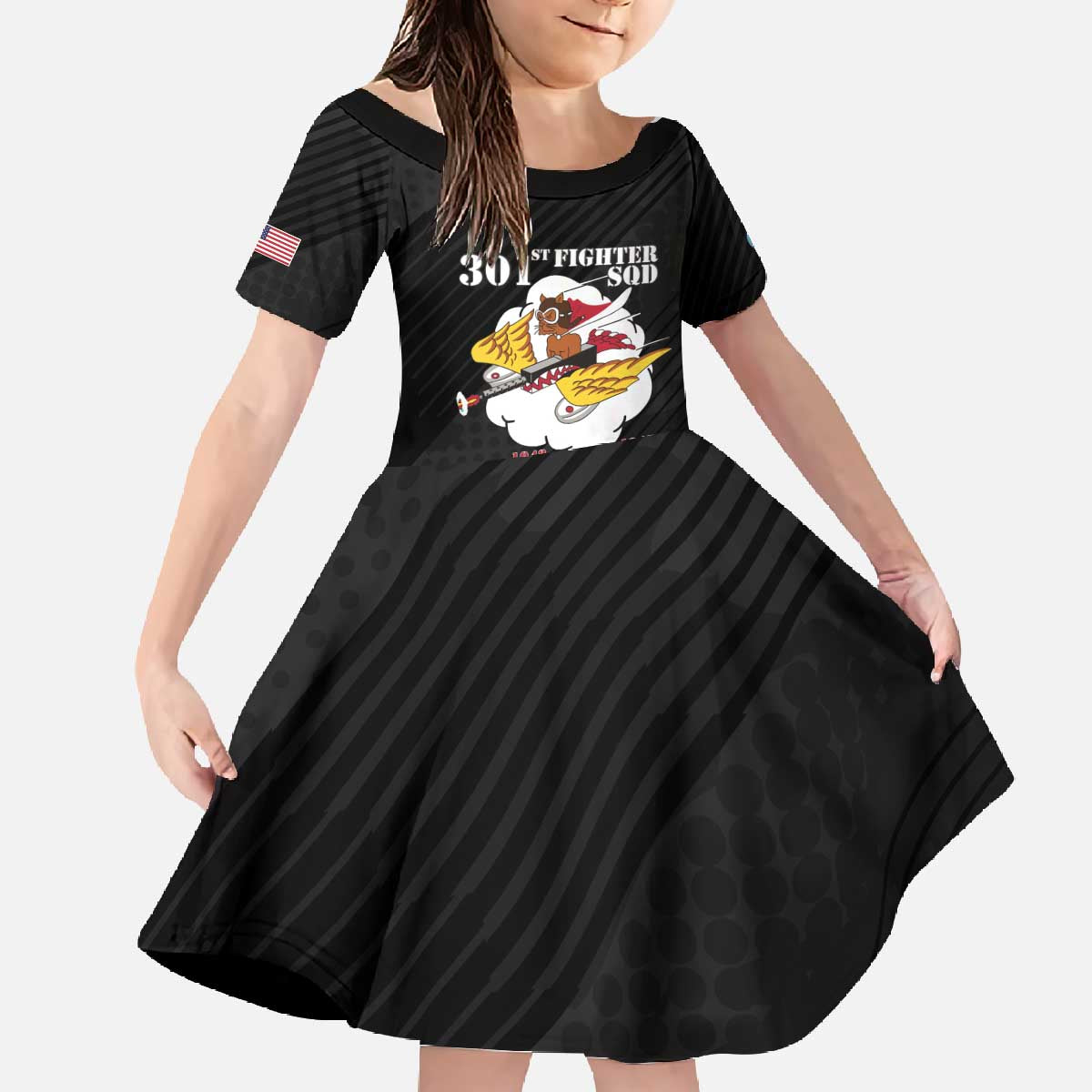 Personalized Tuskegee Airmen Red Tails Family Matching Off The Shoulder Long Sleeve Dress and Hawaiian Shirt 301st Fighter Squadron - Black - Wonder Print Shop