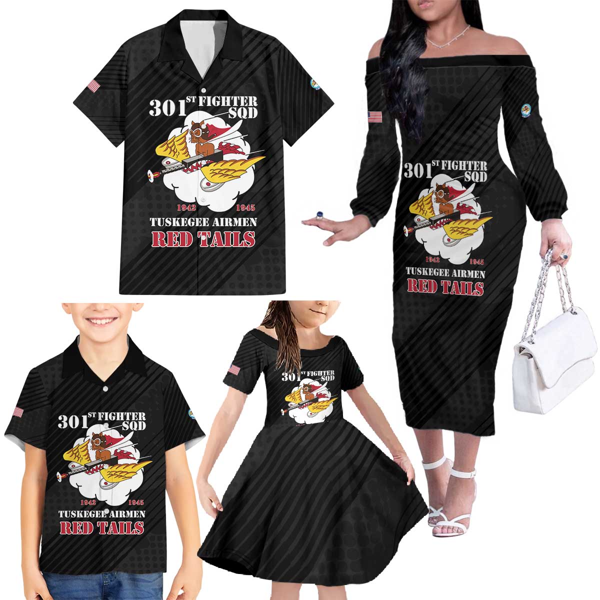 Personalized Tuskegee Airmen Red Tails Family Matching Off The Shoulder Long Sleeve Dress and Hawaiian Shirt 301st Fighter Squadron - Black - Wonder Print Shop
