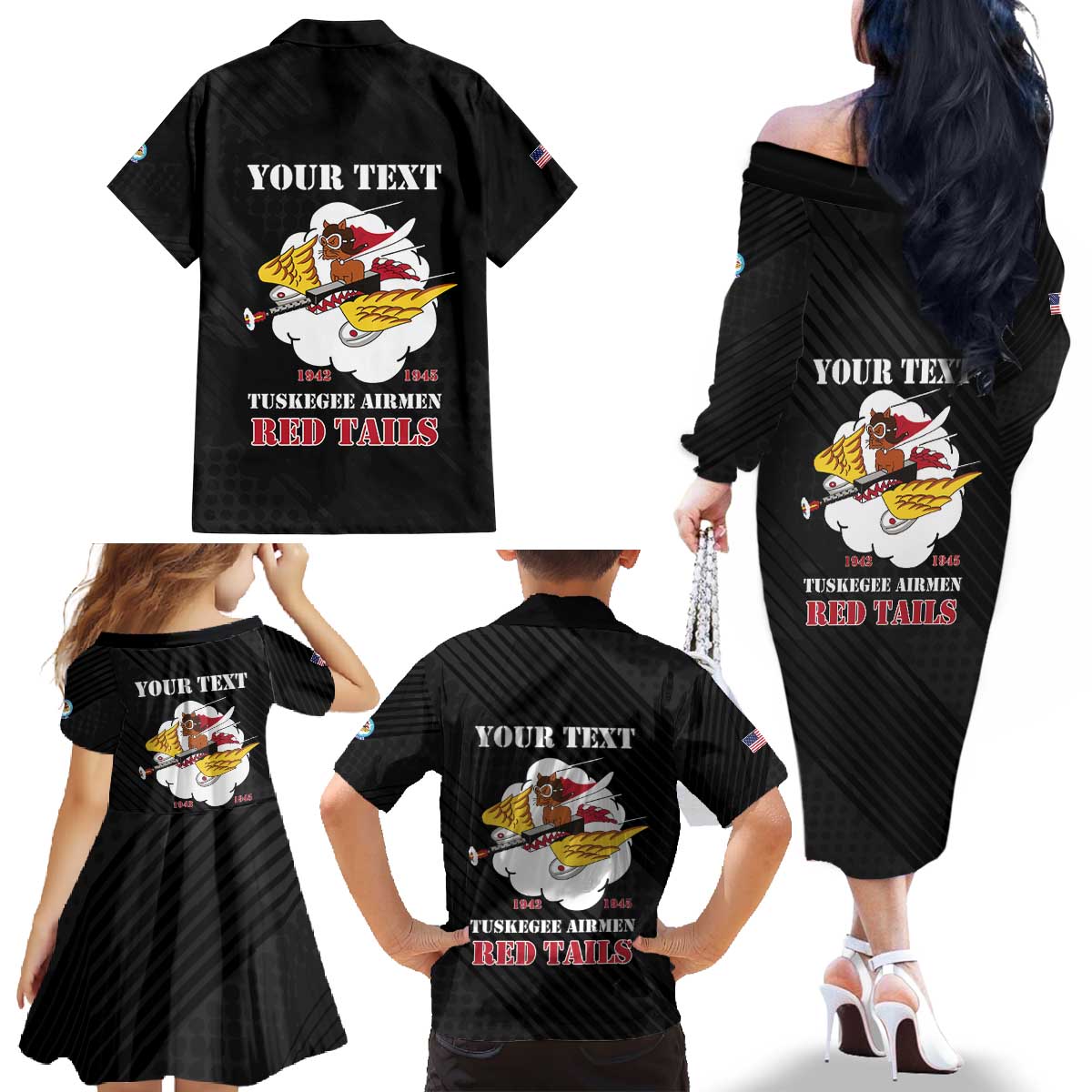 Personalized Tuskegee Airmen Red Tails Family Matching Off The Shoulder Long Sleeve Dress and Hawaiian Shirt 301st Fighter Squadron - Black - Wonder Print Shop