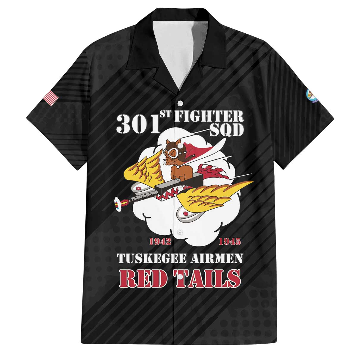 Personalized Tuskegee Airmen Red Tails Family Matching Off The Shoulder Long Sleeve Dress and Hawaiian Shirt 301st Fighter Squadron - Black - Wonder Print Shop