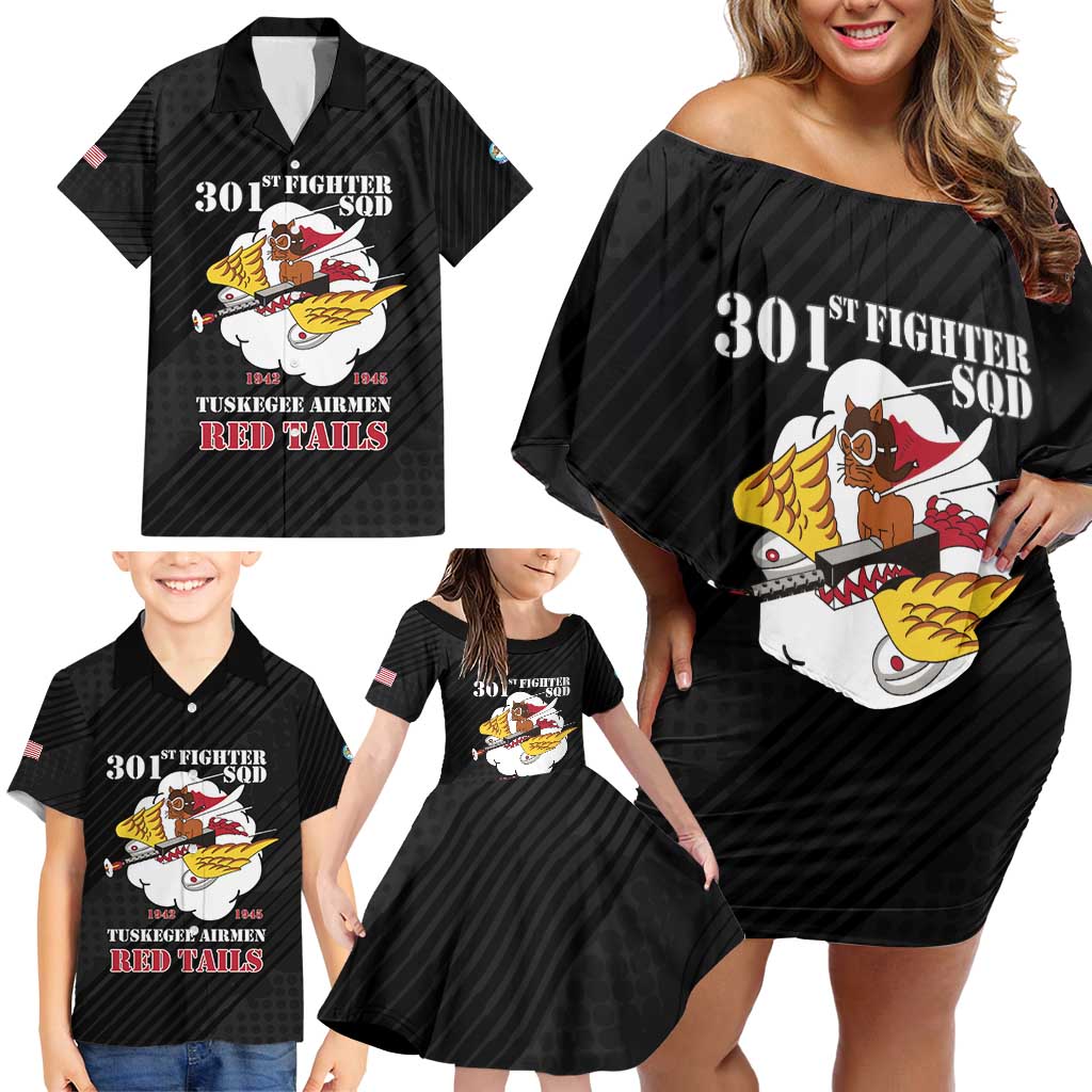 Personalized Tuskegee Airmen Red Tails Family Matching Off Shoulder Short Dress and Hawaiian Shirt 301st Fighter Squadron - Black - Wonder Print Shop