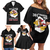 Personalized Tuskegee Airmen Red Tails Family Matching Off Shoulder Short Dress and Hawaiian Shirt 301st Fighter Squadron - Black - Wonder Print Shop