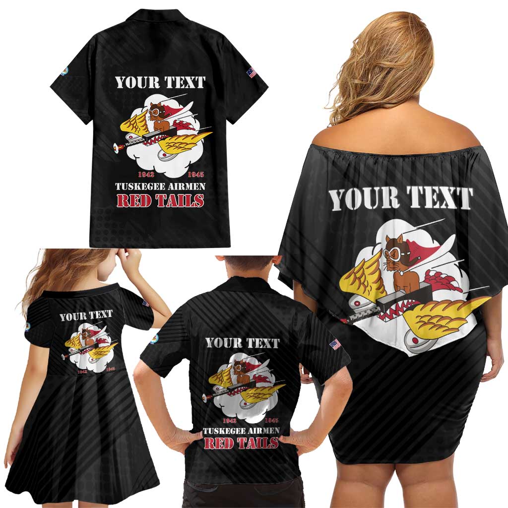 Personalized Tuskegee Airmen Red Tails Family Matching Off Shoulder Short Dress and Hawaiian Shirt 301st Fighter Squadron - Black - Wonder Print Shop