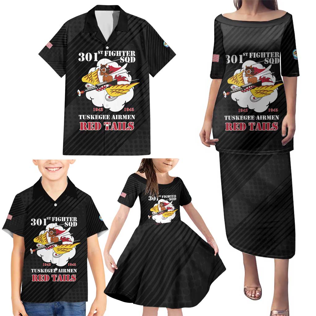 Personalized Tuskegee Airmen Red Tails Family Matching Puletasi and Hawaiian Shirt 301st Fighter Squadron - Black - Wonder Print Shop