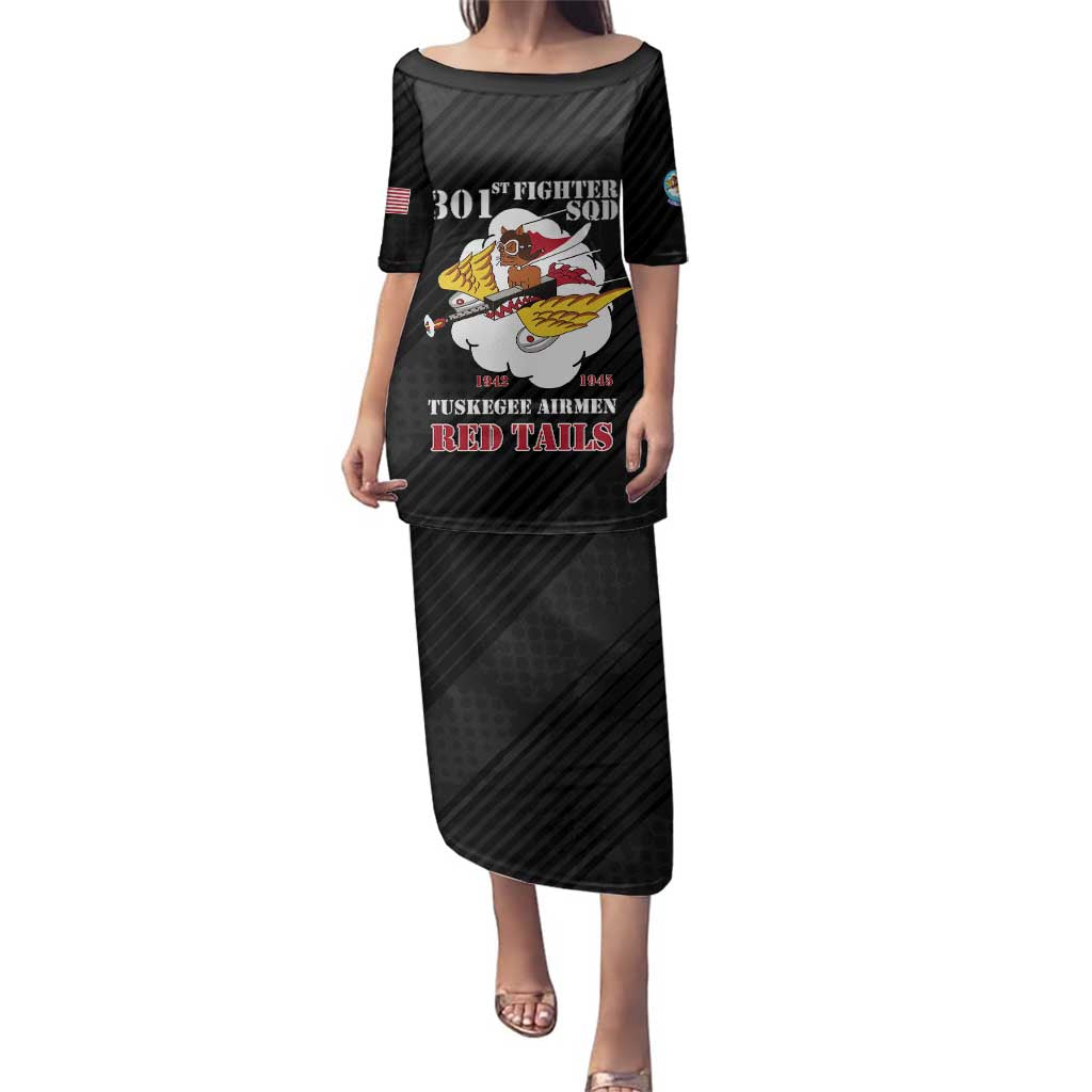 Personalized Tuskegee Airmen Red Tails Family Matching Puletasi and Hawaiian Shirt 301st Fighter Squadron - Black - Wonder Print Shop