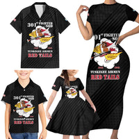 Personalized Tuskegee Airmen Red Tails Family Matching Short Sleeve Bodycon Dress and Hawaiian Shirt 301st Fighter Squadron - Black - Wonder Print Shop
