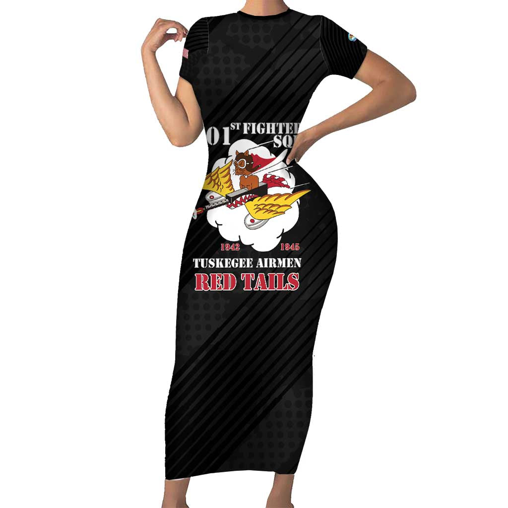 Personalized Tuskegee Airmen Red Tails Family Matching Short Sleeve Bodycon Dress and Hawaiian Shirt 301st Fighter Squadron - Black - Wonder Print Shop