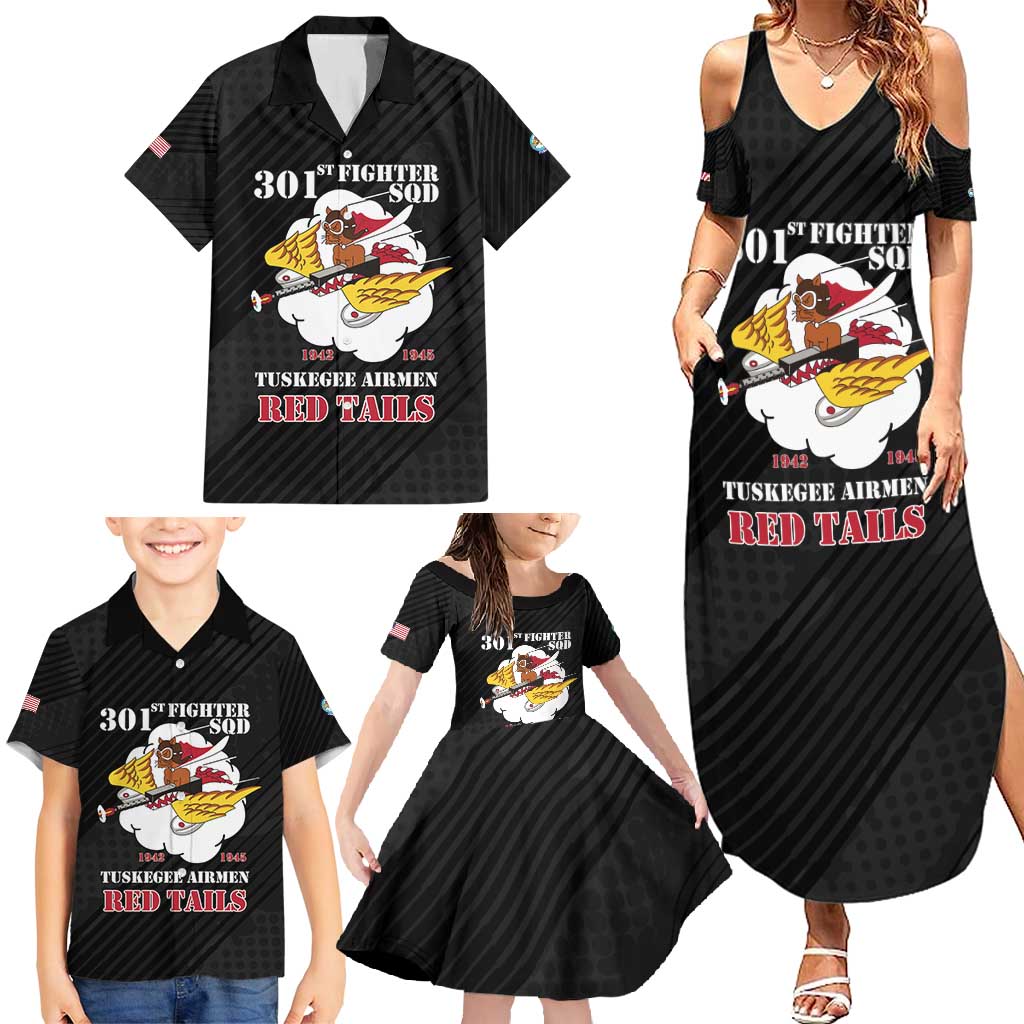 Personalized Tuskegee Airmen Red Tails Family Matching Summer Maxi Dress and Hawaiian Shirt 301st Fighter Squadron - Black - Wonder Print Shop