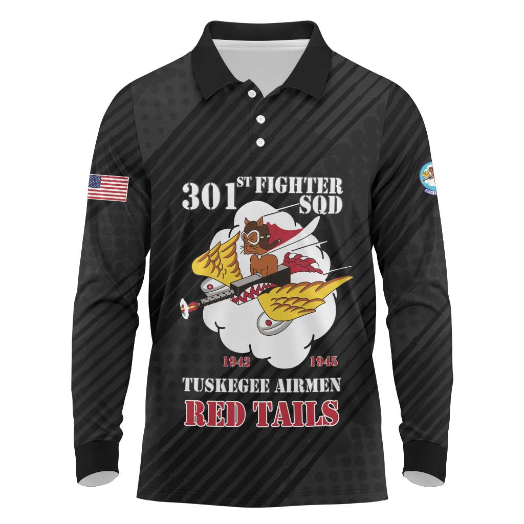 Personalized Tuskegee Airmen Red Tails Long Sleeve Polo Shirt 301st Fighter Squadron - Black - Wonder Print Shop
