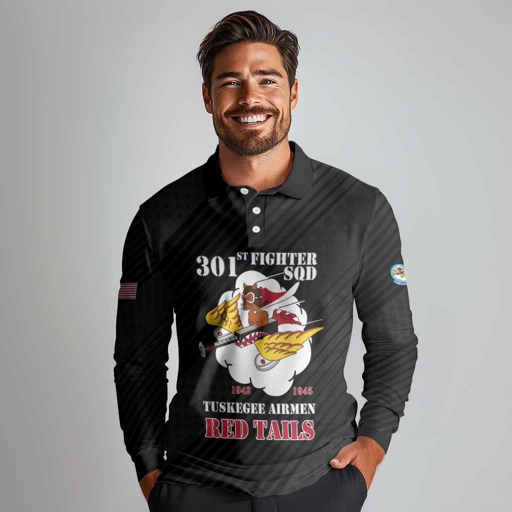 Personalized Tuskegee Airmen Red Tails Long Sleeve Polo Shirt 301st Fighter Squadron - Black - Wonder Print Shop