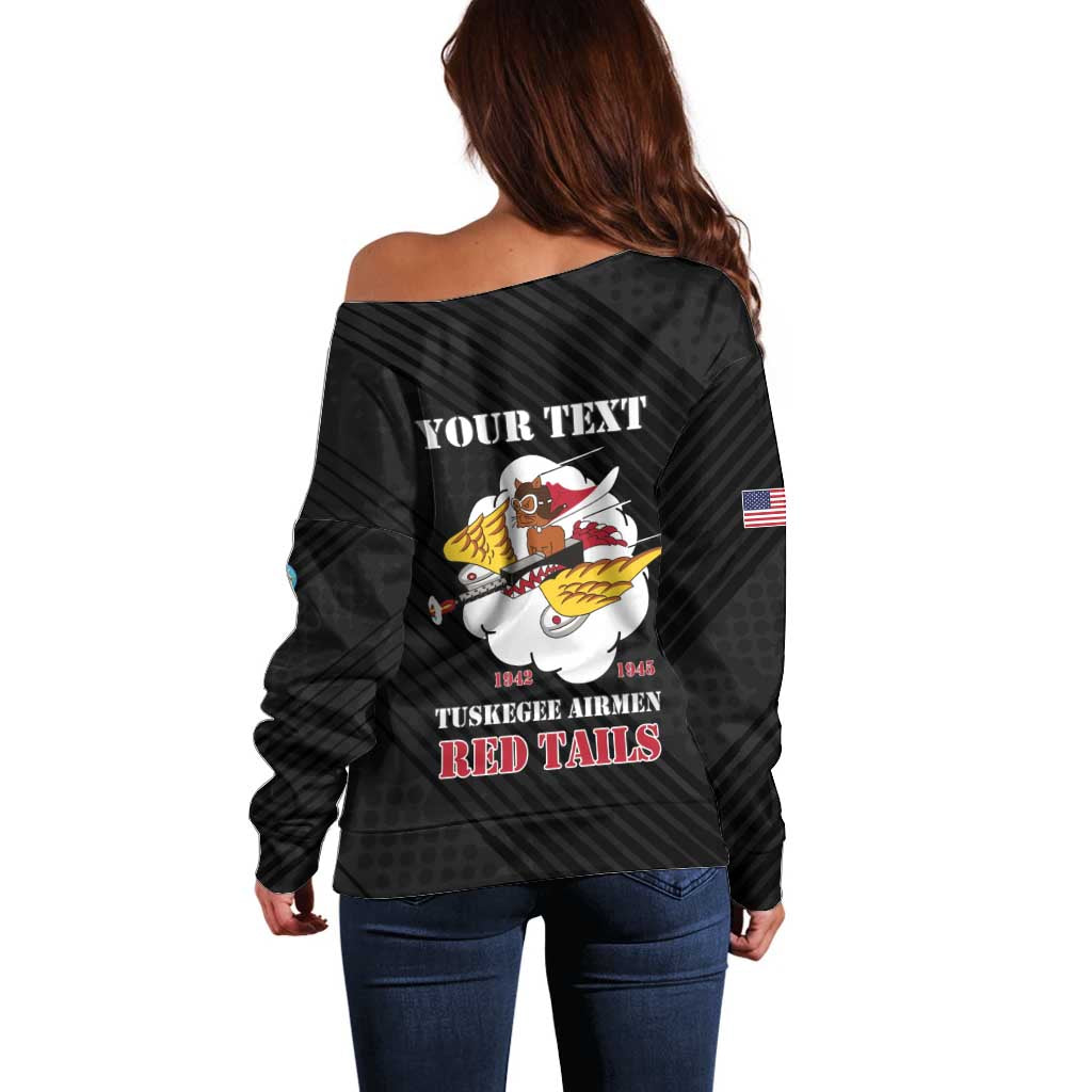 Personalized Tuskegee Airmen Red Tails Off Shoulder Sweater 301st Fighter Squadron - Black - Wonder Print Shop