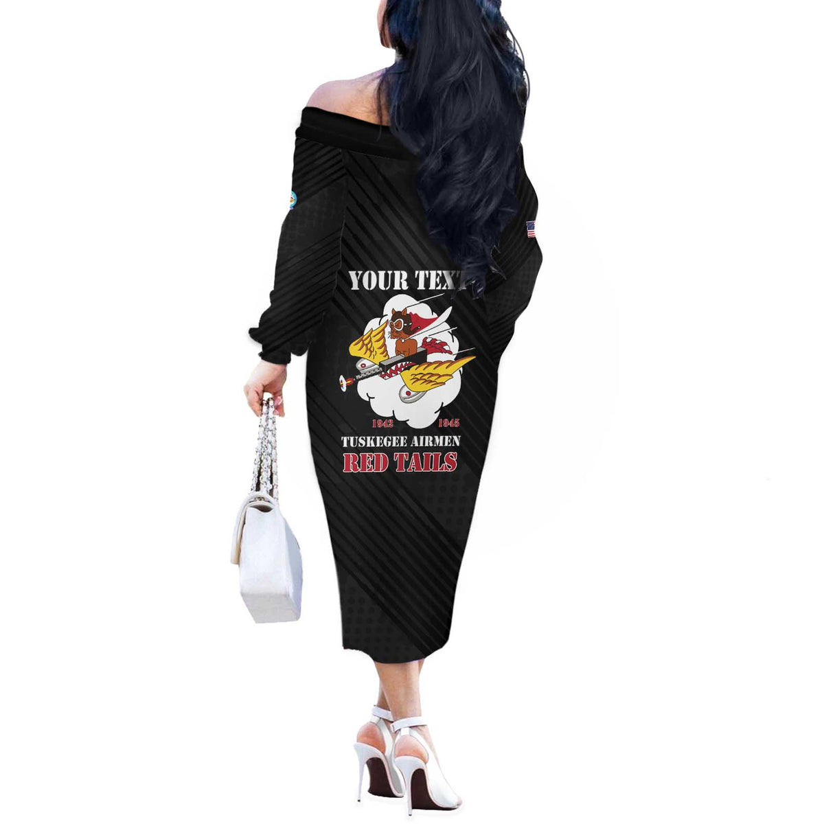 Personalized Tuskegee Airmen Red Tails Off The Shoulder Long Sleeve Dress 301st Fighter Squadron - Black - Wonder Print Shop