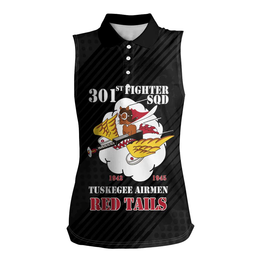Personalized Tuskegee Airmen Red Tails Women Sleeveless Polo Shirt 301st Fighter Squadron - Black - Wonder Print Shop