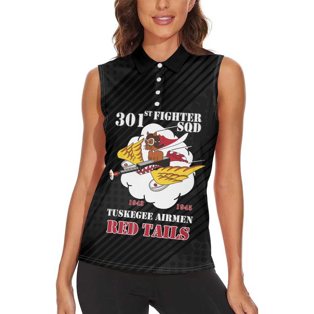 Personalized Tuskegee Airmen Red Tails Women Sleeveless Polo Shirt 301st Fighter Squadron - Black - Wonder Print Shop
