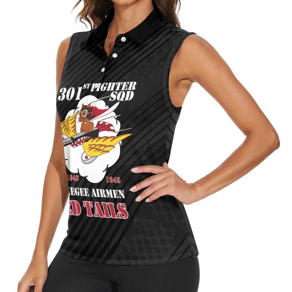 Personalized Tuskegee Airmen Red Tails Women Sleeveless Polo Shirt 301st Fighter Squadron - Black - Wonder Print Shop