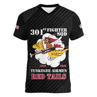 Personalized Tuskegee Airmen Red Tails Women V-Neck T-Shirt 301st Fighter Squadron - Black - Wonder Print Shop