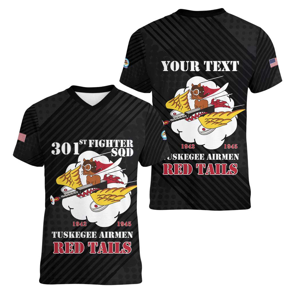 Personalized Tuskegee Airmen Red Tails Women V-Neck T-Shirt 301st Fighter Squadron - Black - Wonder Print Shop