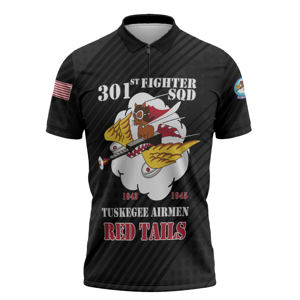 Personalized Tuskegee Airmen Red Tails Zipper Polo Shirt 301st Fighter Squadron - Black - Wonder Print Shop