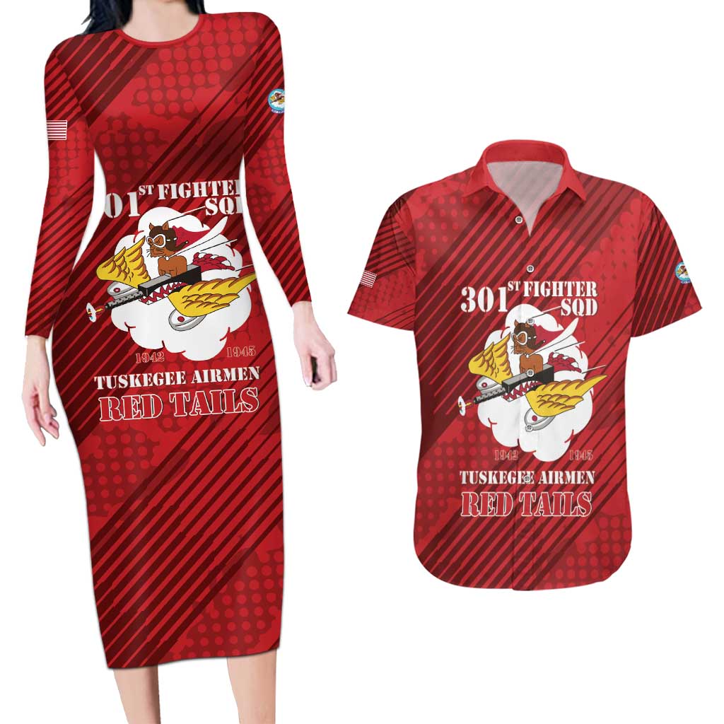 Personalized Tuskegee Airmen Red Tails Couples Matching Long Sleeve Bodycon Dress and Hawaiian Shirt 301st Fighter Squadron - Red - Wonder Print Shop