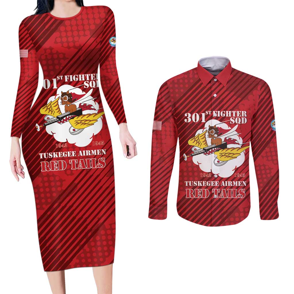 Personalized Tuskegee Airmen Red Tails Couples Matching Long Sleeve Bodycon Dress and Long Sleeve Button Shirt 301st Fighter Squadron - Red - Wonder Print Shop