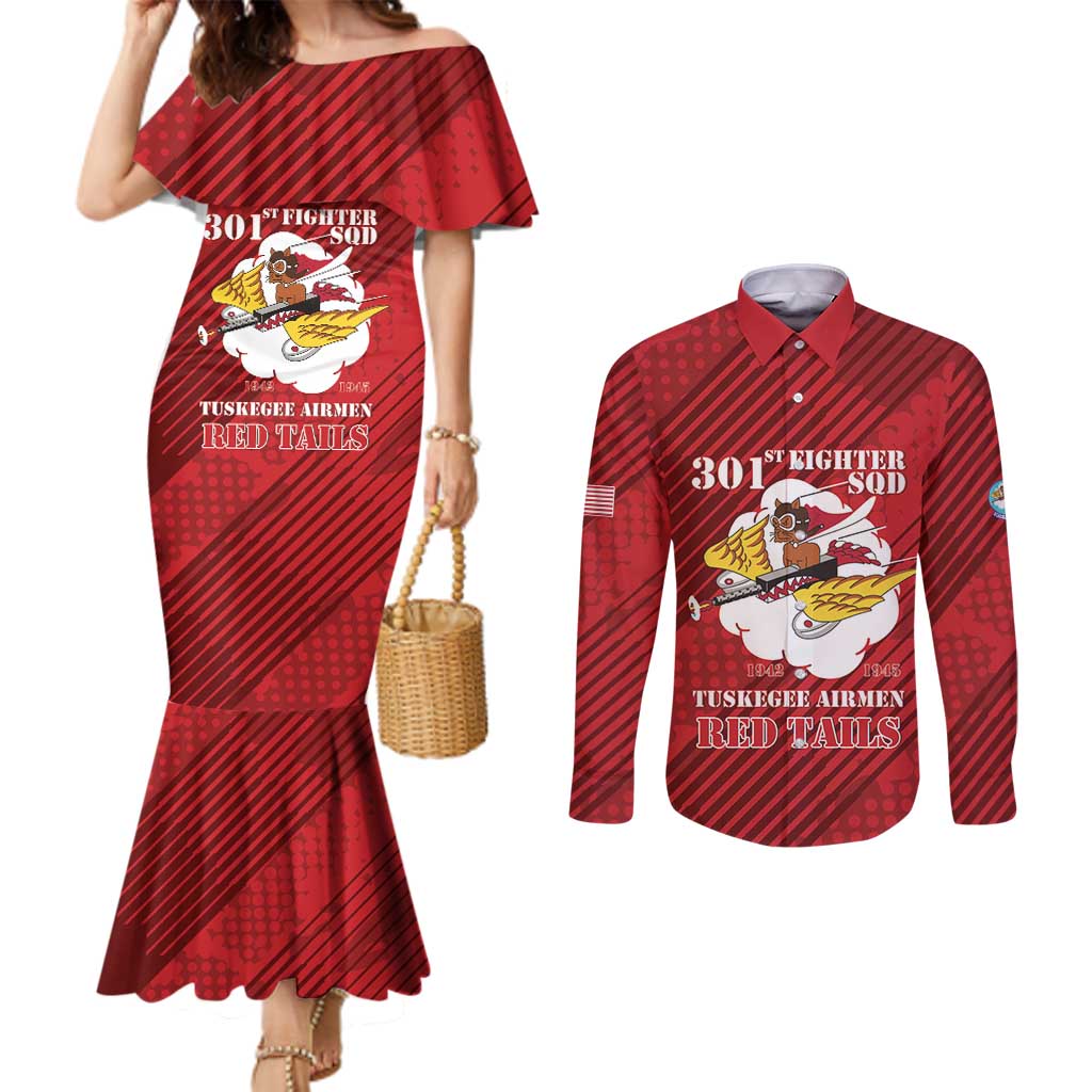 Personalized Tuskegee Airmen Red Tails Couples Matching Mermaid Dress and Long Sleeve Button Shirt 301st Fighter Squadron - Red - Wonder Print Shop